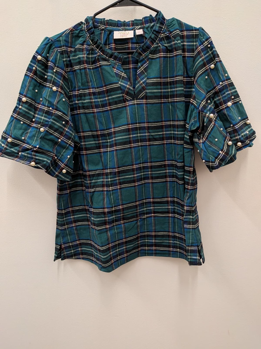 Jingle Belles Kim Gravel Large Plaid Pearl Sleeve Top Blue Green Blouse